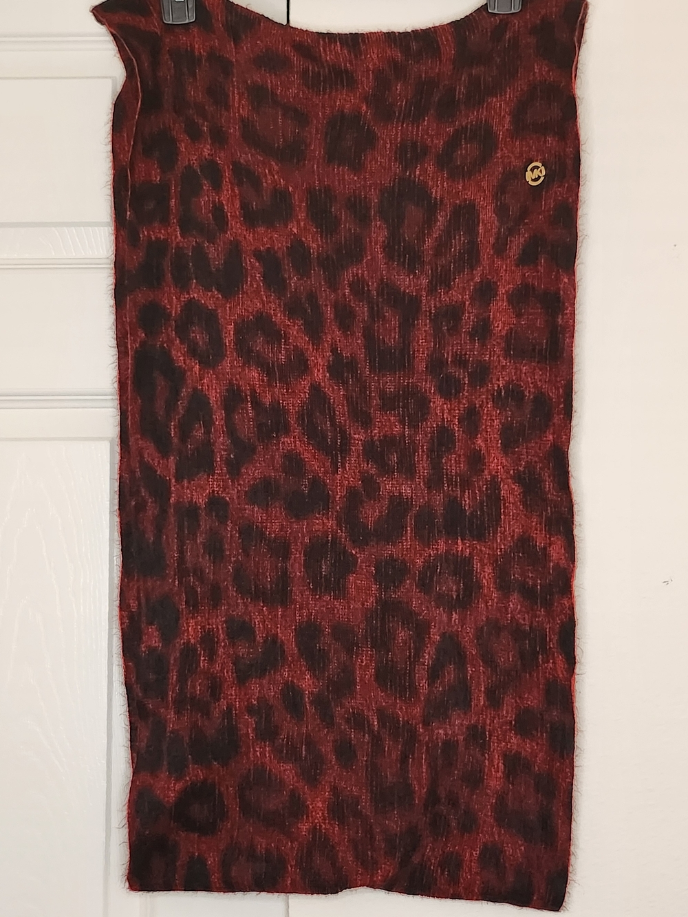 Michael Kors Red Black Leopard Print Infinity Scarf Gold MK Logo
